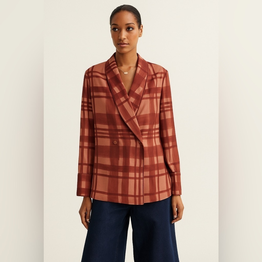 C/MEO Collective Silky Plaid Blazer Small Red Double Breasted Work City Chic